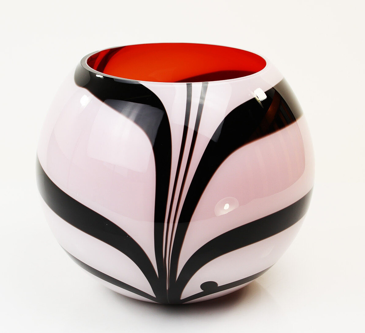 Loranto + Zebra vaas, zwart-wit rood van binnen, bol groot